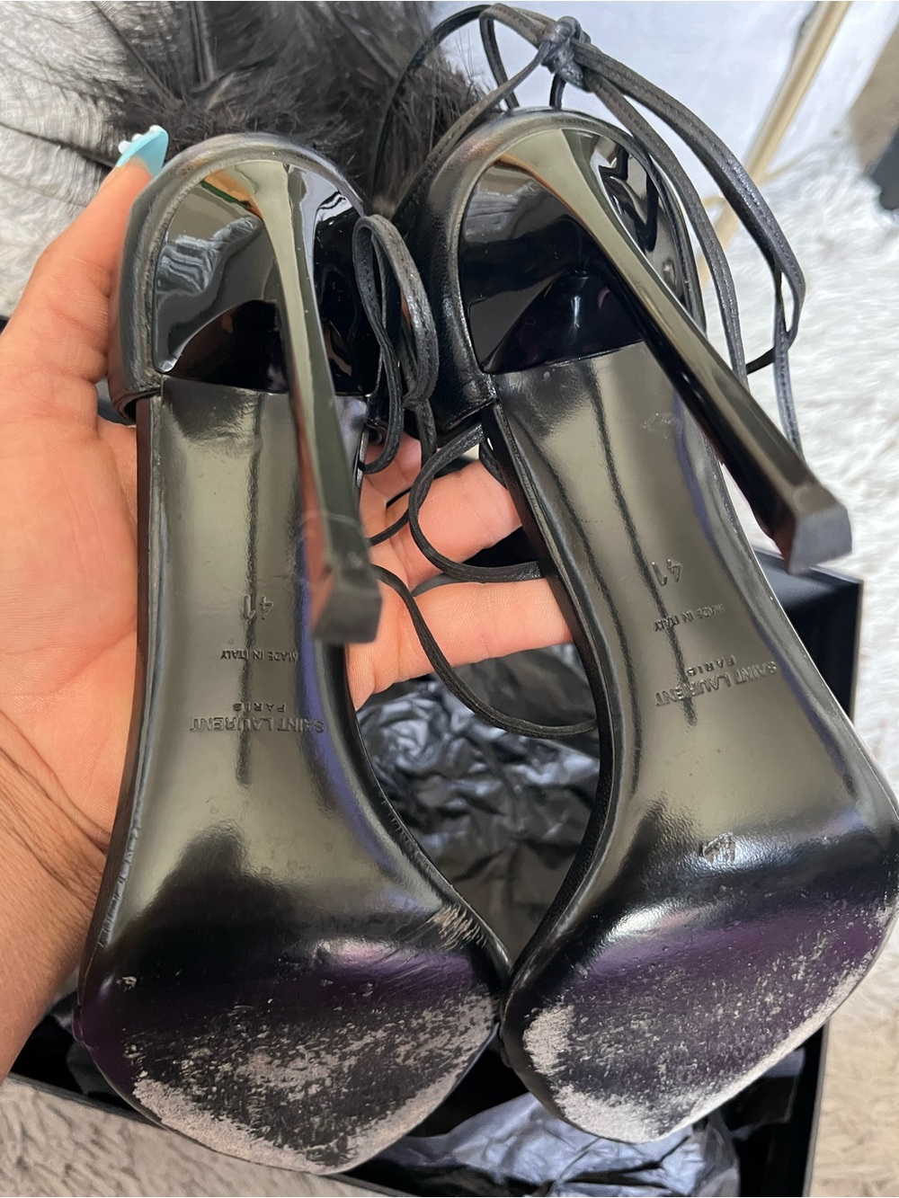 Saint Laurent Black Feather Lace-Up Sandals - Picture 4 of 9